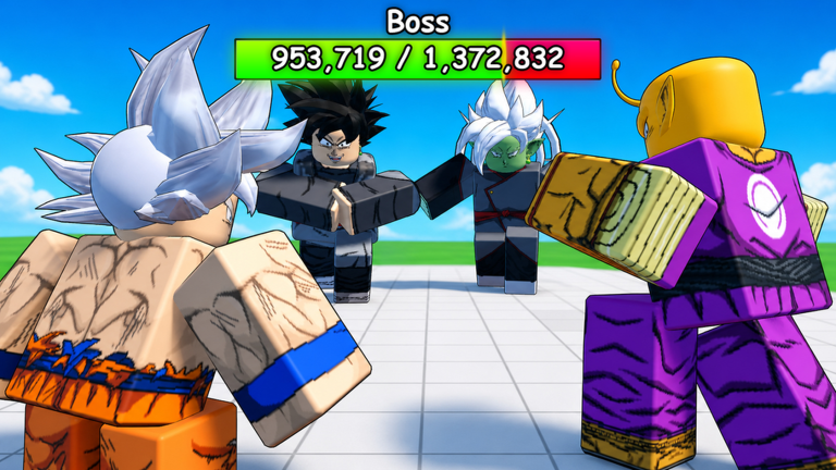 Several fighters face a large boss with a visible boss health bar.
