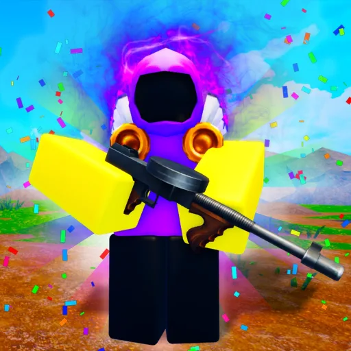 The Roll to Defend game icon: a Roblox character with a shotgun amid rainbow confetti