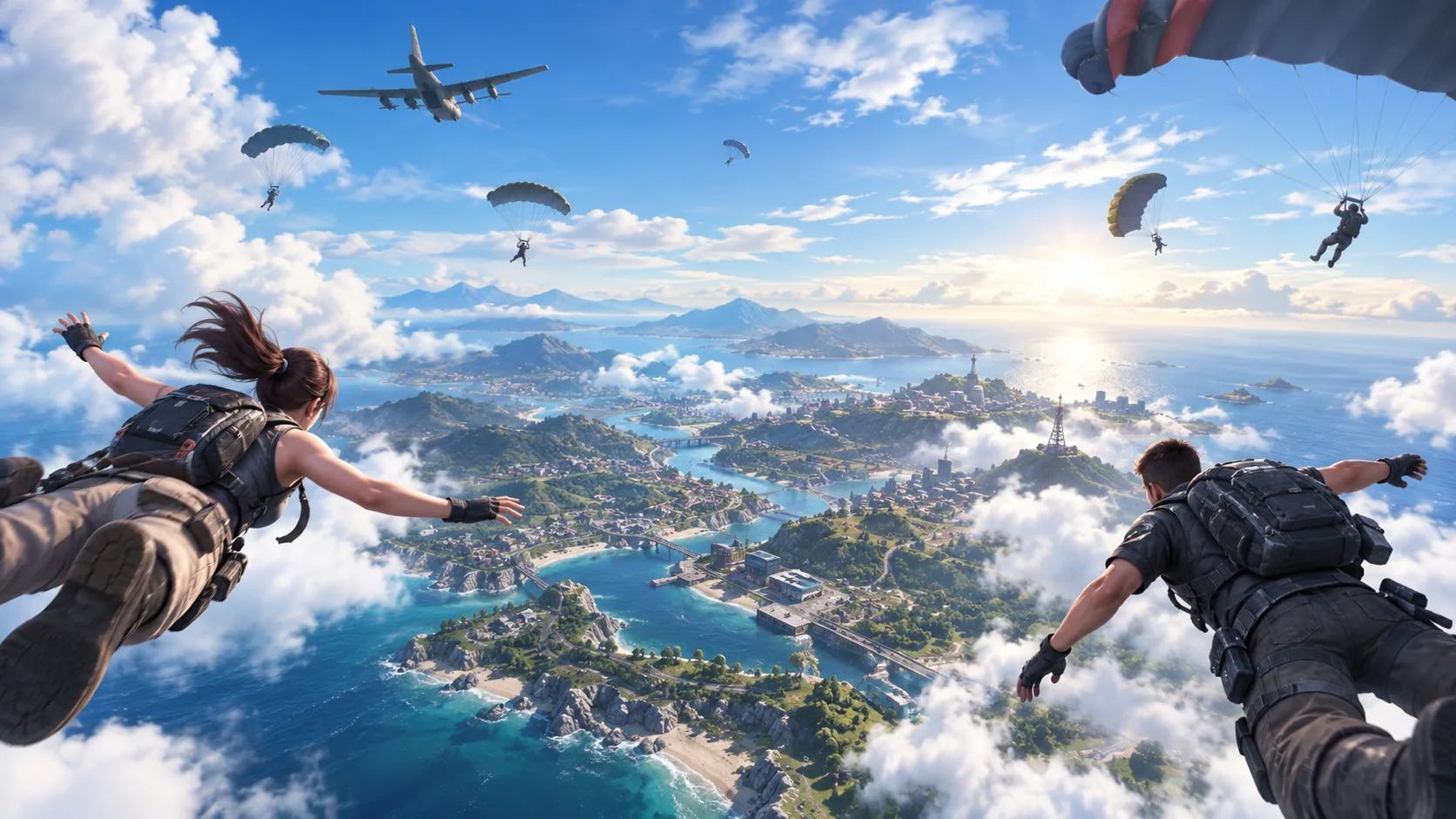 Parachute descent toward a bright coastal island