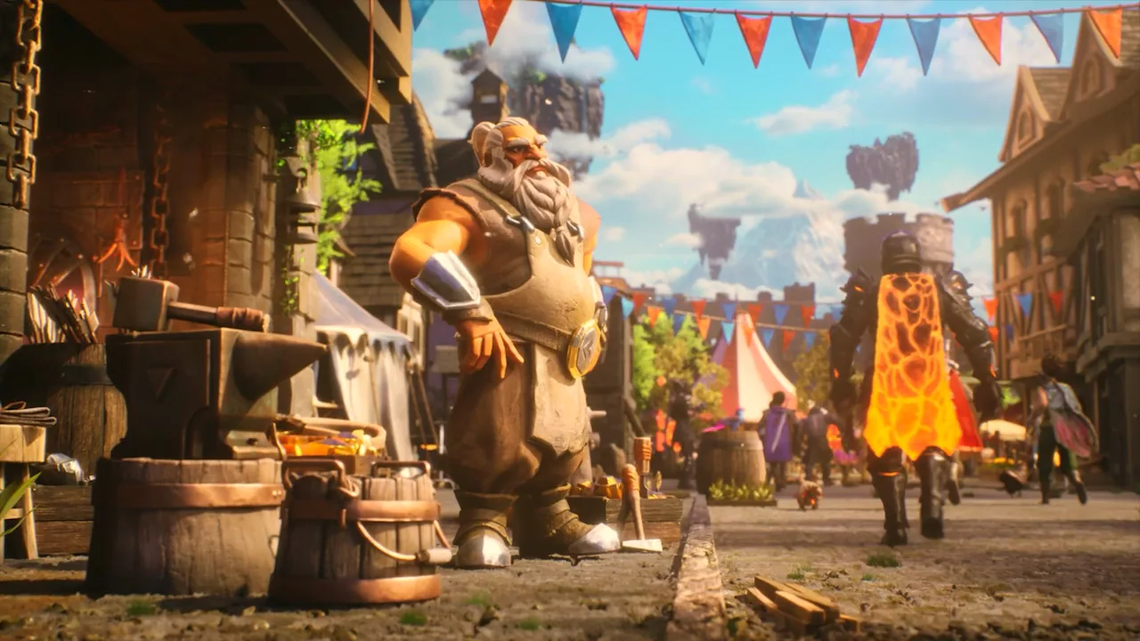 The smith works while a figure in a glowing orange cape walks away, with floating islands behind.