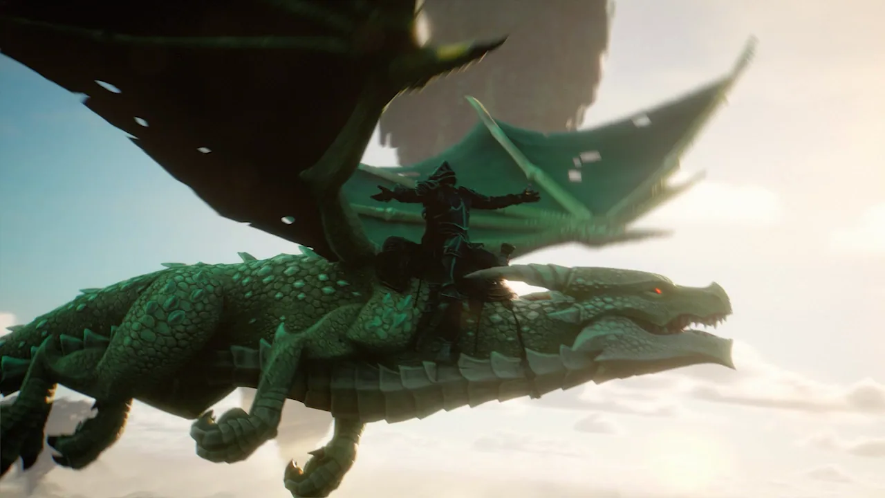 A hooded rider sits on a large green dragon with a red eye.