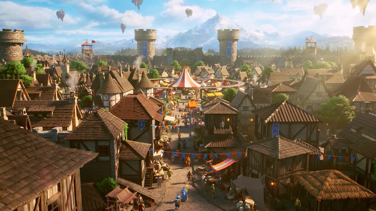 A festival town with a red-and-white tent, blue star banners, wall towers, and snow mountains.
