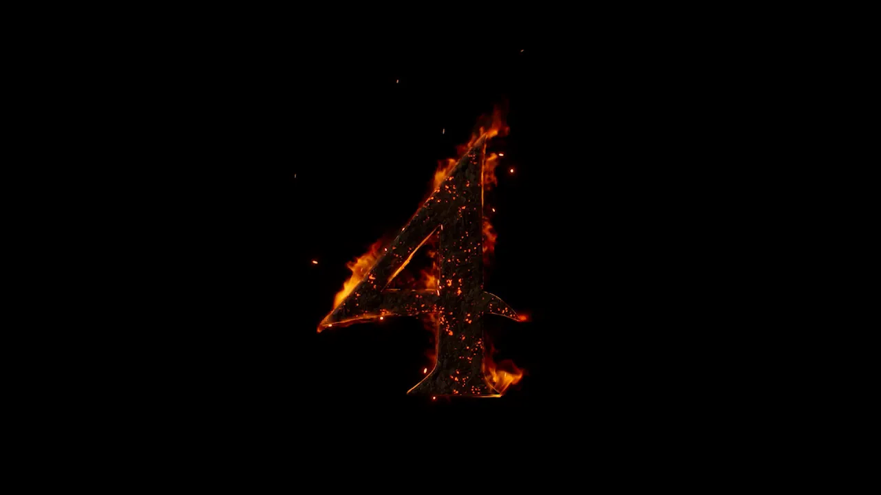 End card showing a flaming metal numeral 4.