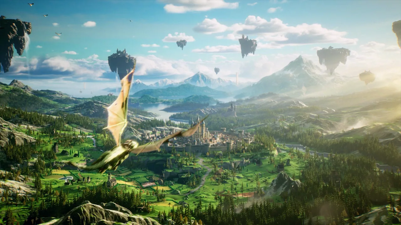 A green dragon crossing the valley in the concept film.