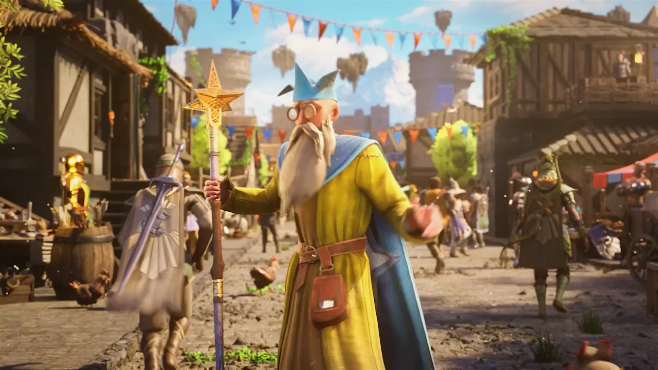 The wizard stands in a street lined with pennants.