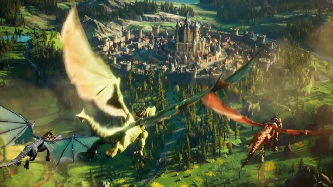 Three dragons, green, red, and blue-grey, pass over a walled city.