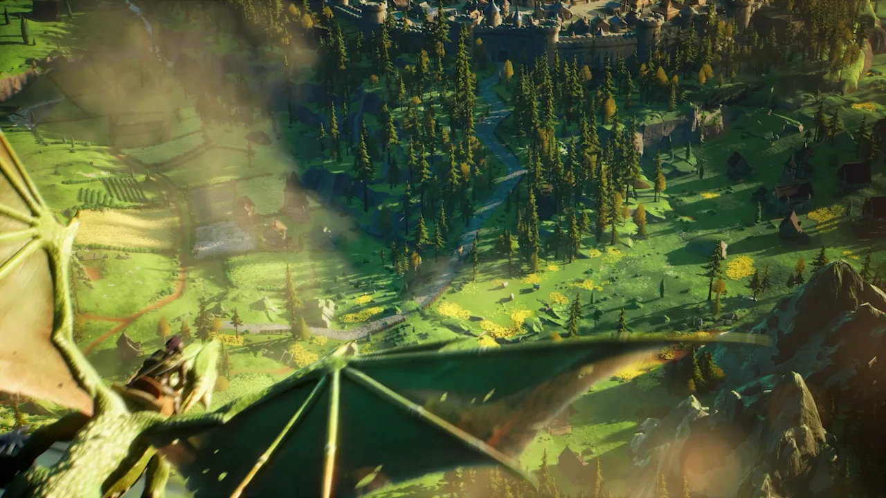 Wide valley shot with the green dragon still in frame.