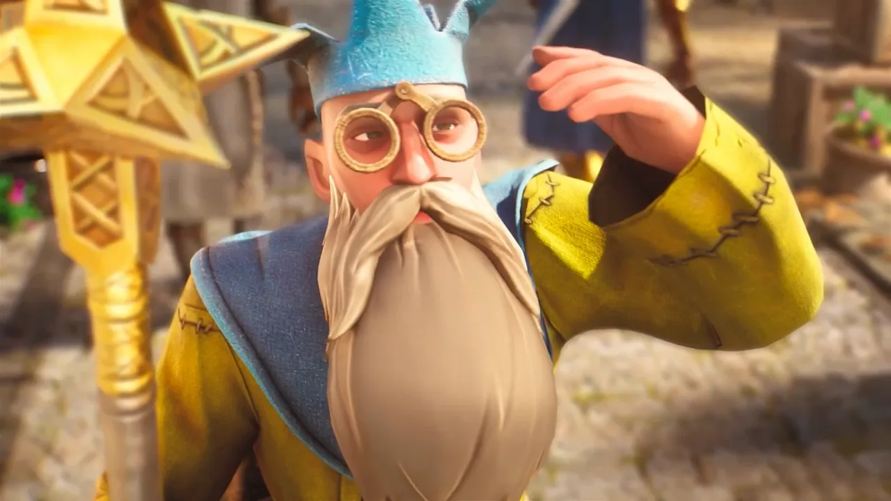 Close view of a wizard in a blue hat and spectacles.
