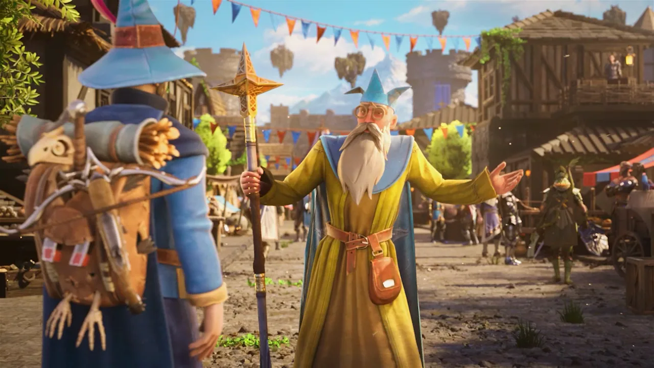 A yellow-robed wizard with a star-headed staff greets a blue-hatted backpacker.