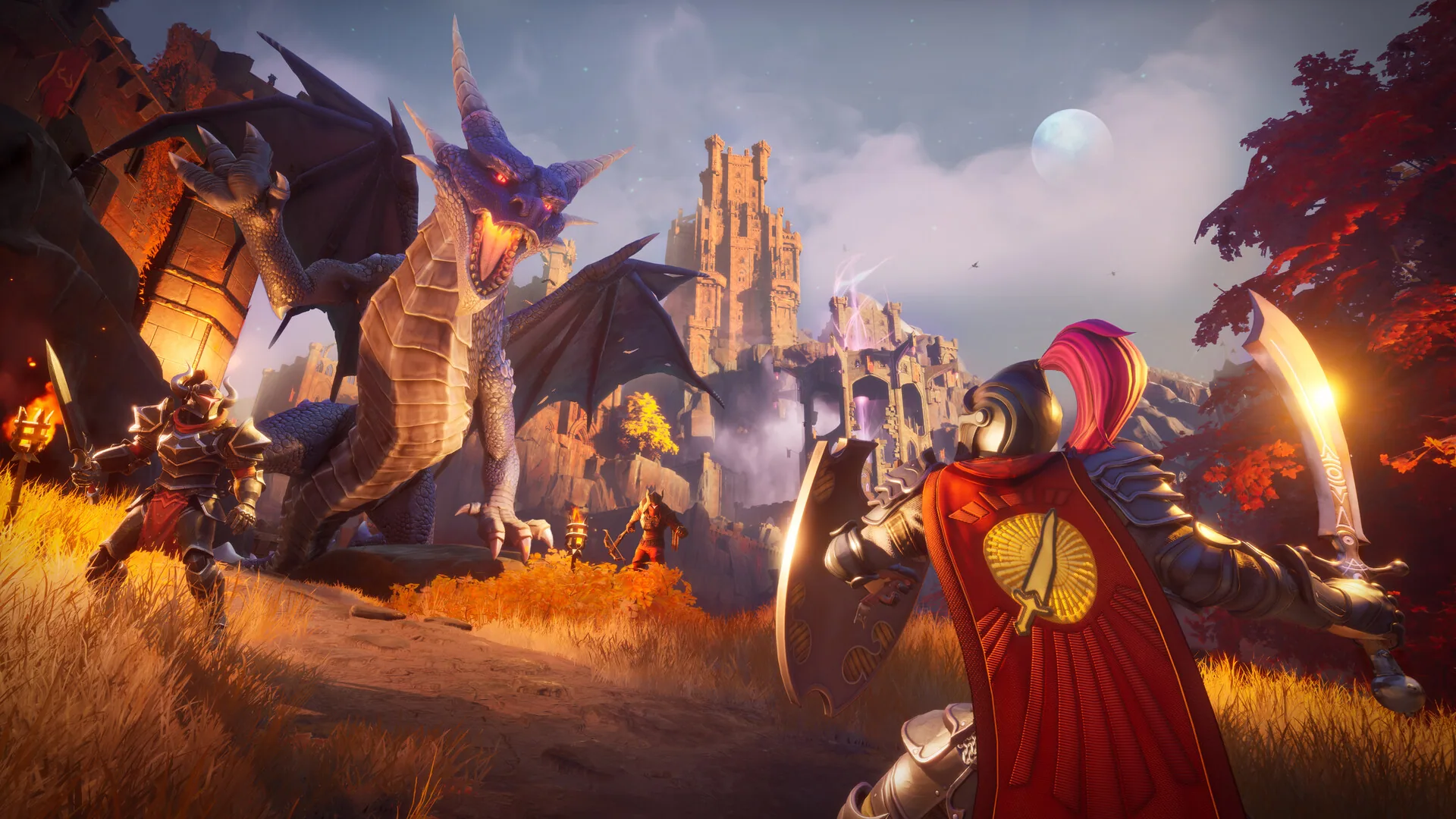 Adventurers facing a horned dragon