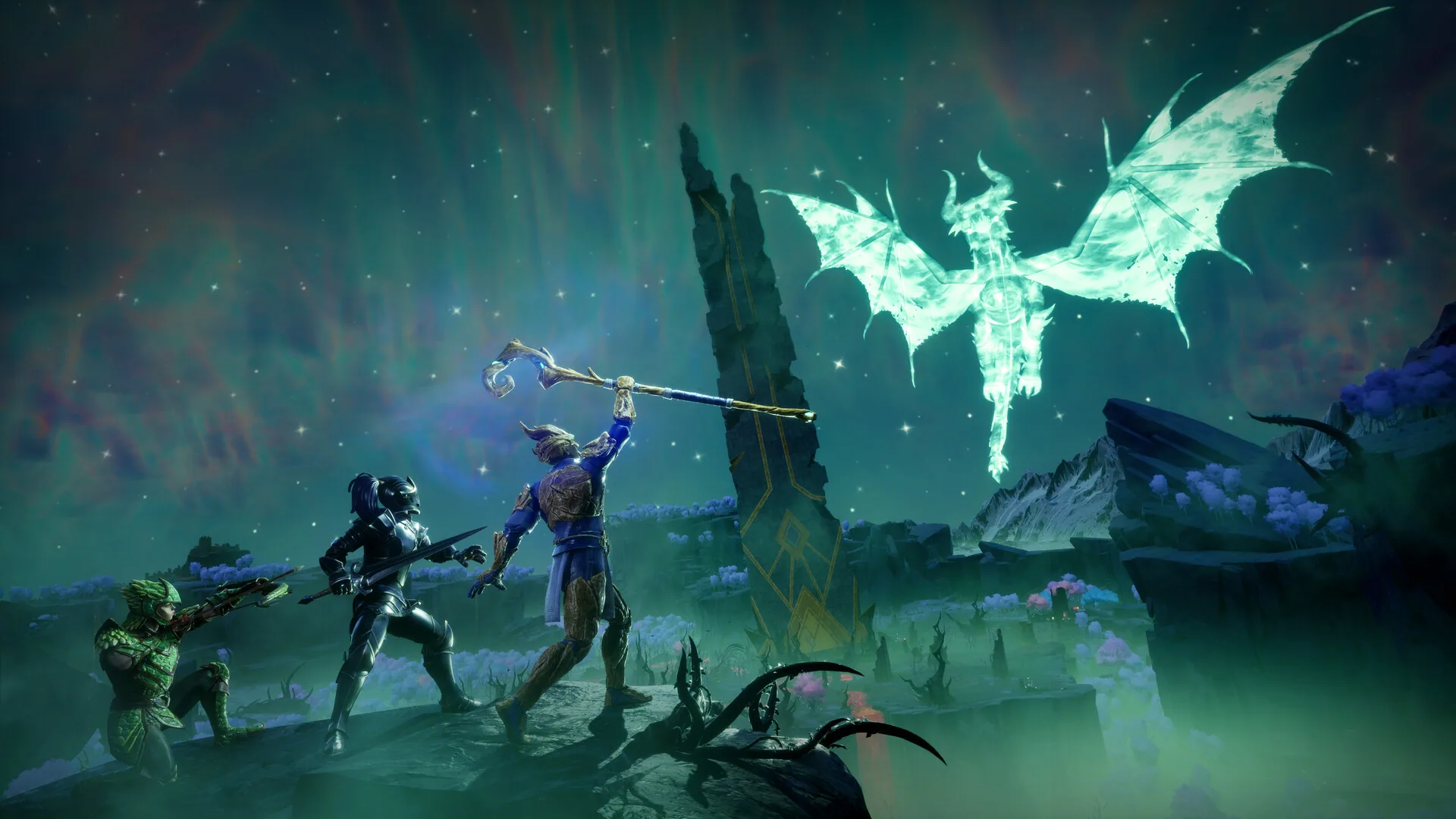 Adventurers facing a spectral dragon