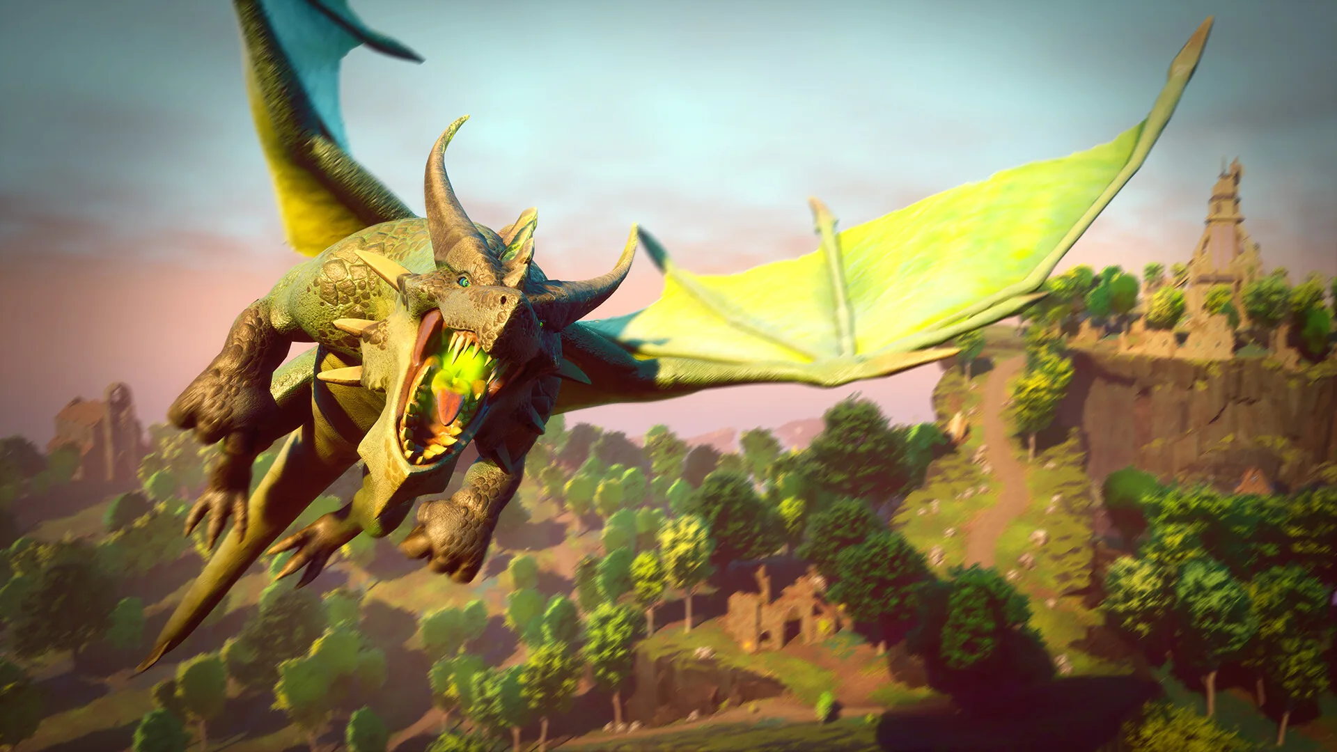 Green dragon over a valley