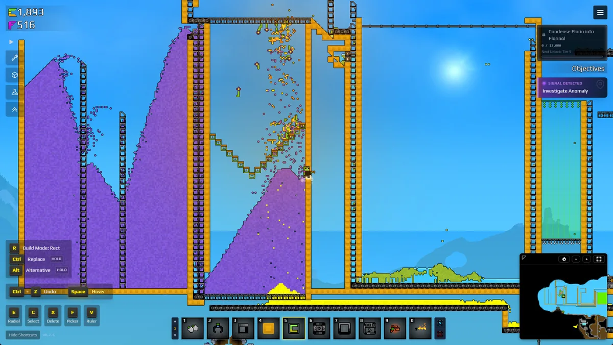 Official Steam screenshot of mixed pixel piles. Use it to compare sand, water, and factory chrome.