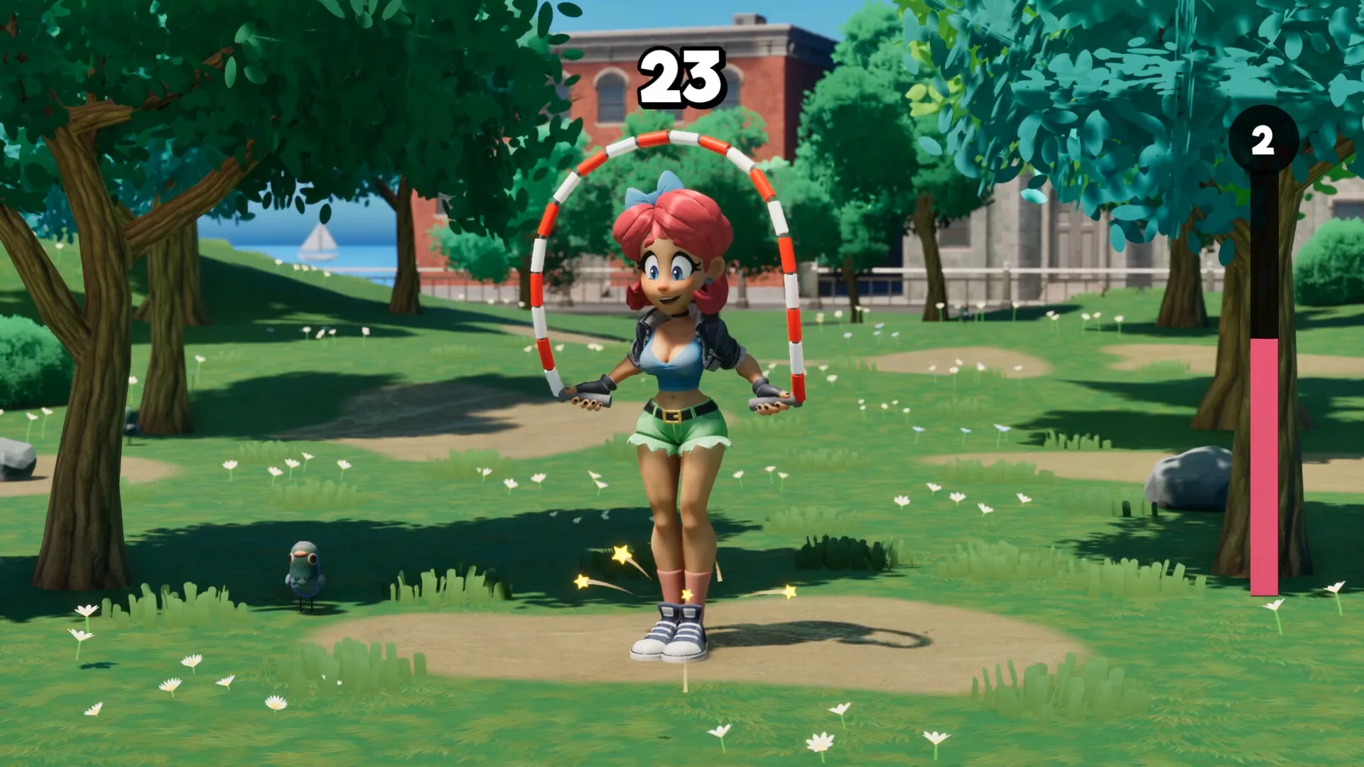 Scarlet skipping in a sunny park with score 23