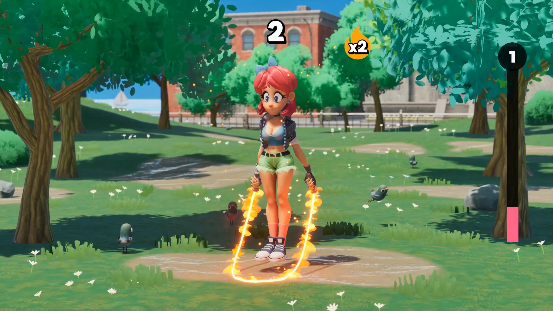 Scarlet skipping with a fiery rope and an x2 badge