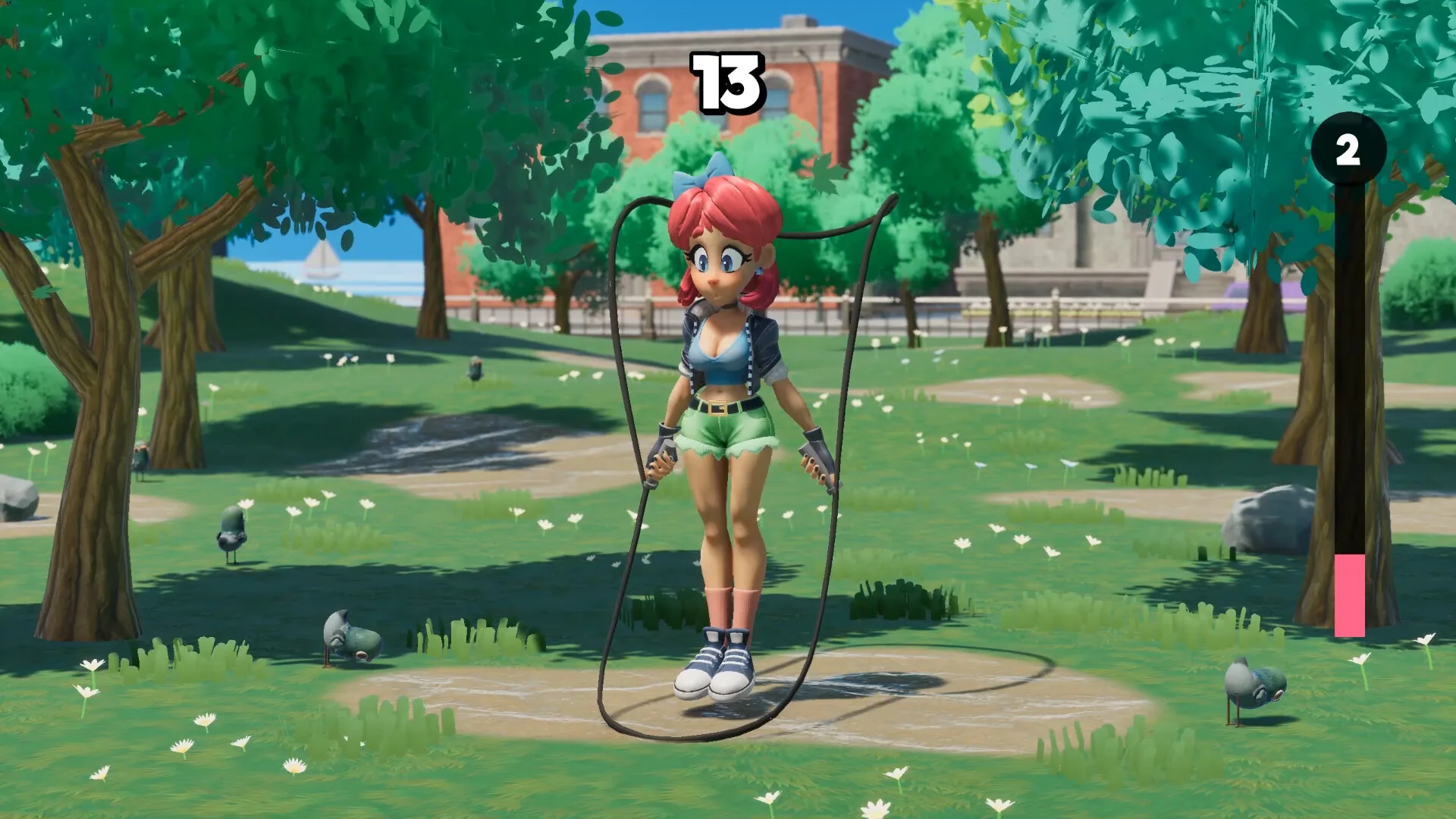 Scarlet mid-skip in the park with score 13