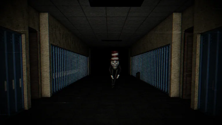 Cat in the Hat crouched in a locker hall