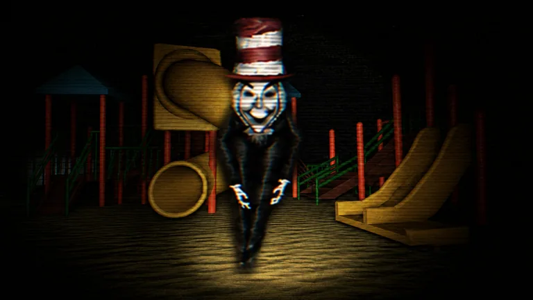 Cat in the Hat walking a dark playground