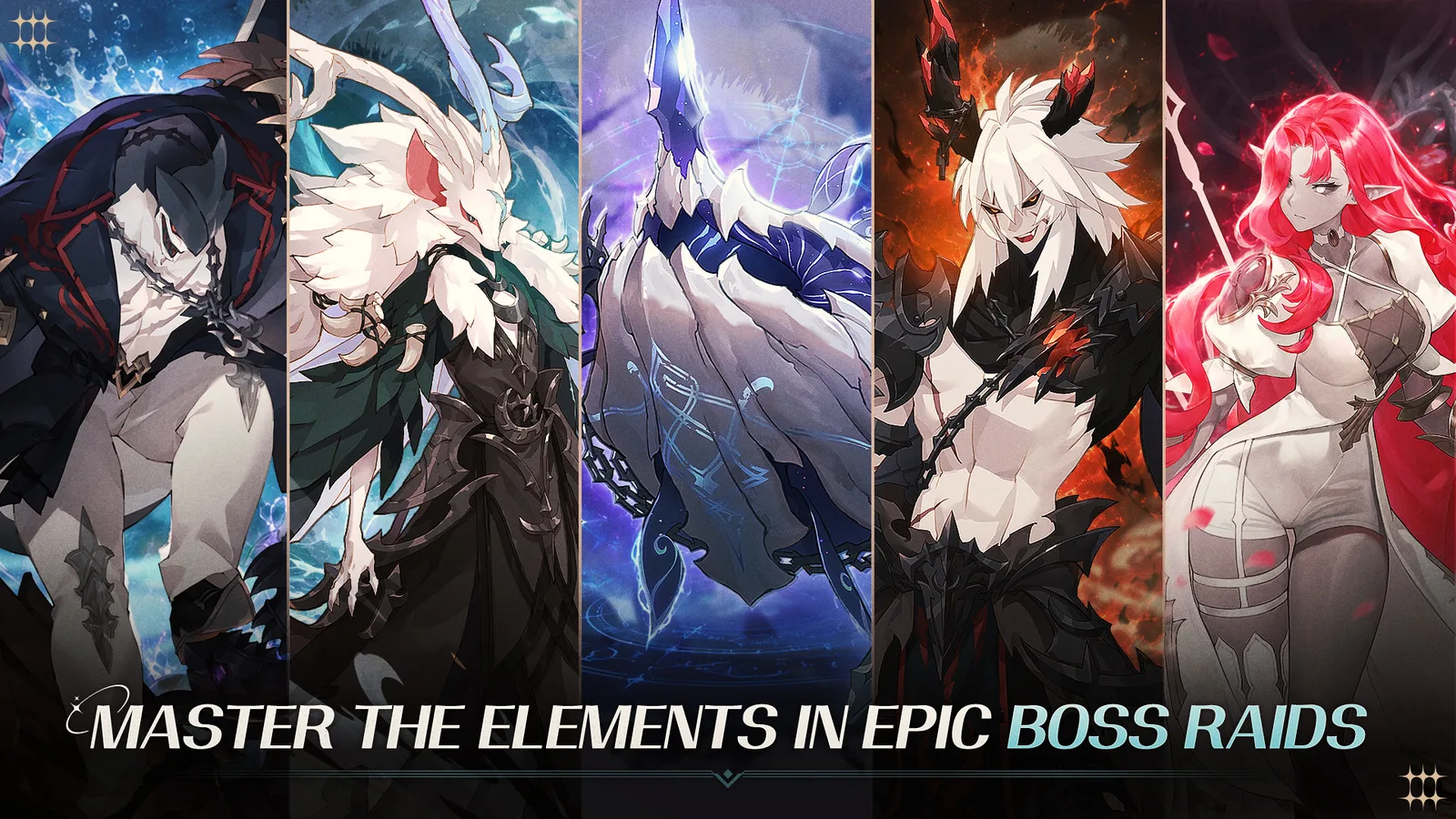 Official store screenshot: "Master the Elements in Epic Boss Raids" — five elemental raid boss/enemy designs, an observed data point for a possible Elements dimension not yet explained in official running text.