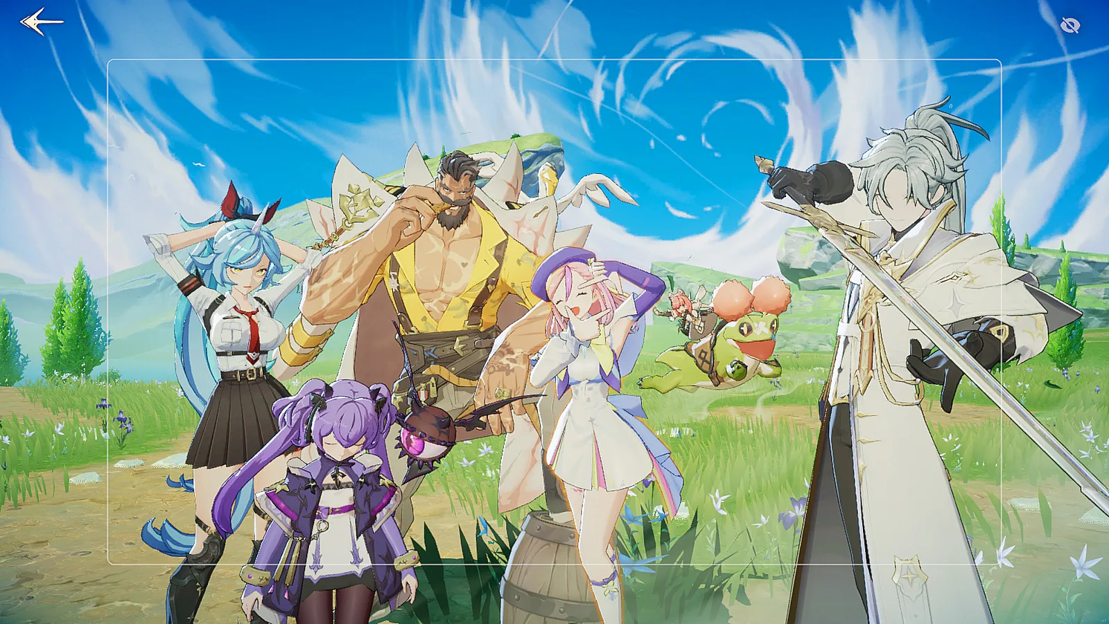 Official App Store/Google Play screenshot: a party of Partners and the Adventurer gathered together in a field, shown in the game's 3D model render style — no character names or marketing text overlaid.