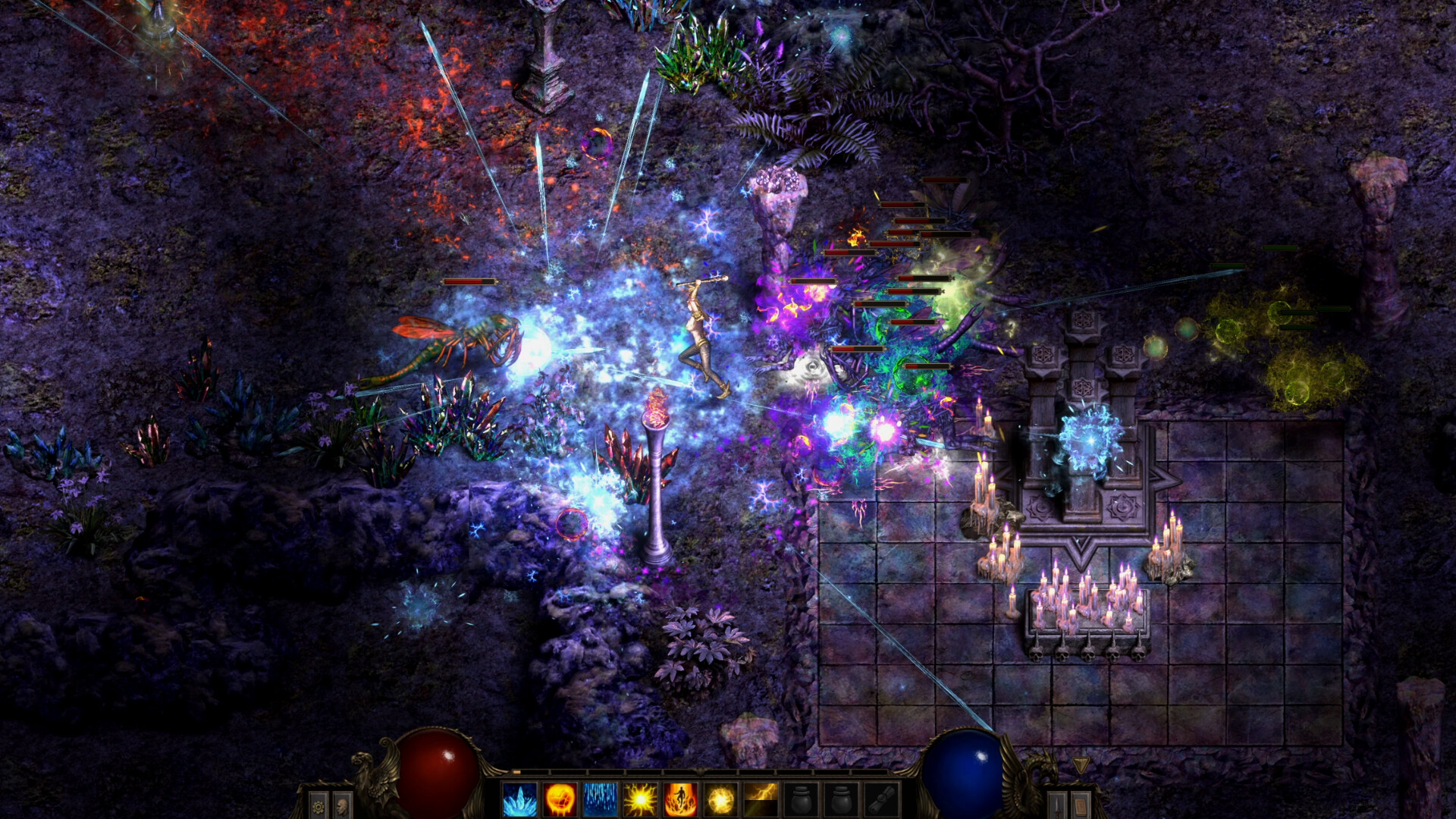 Isometric purple cavern fight: a caster blasts ice at a giant insect beside a candlelit tiled shrine.