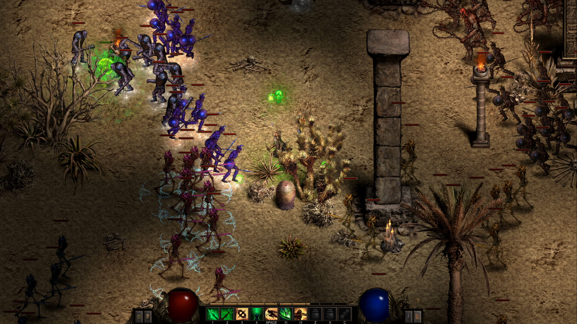 Desert battlefield with an archer among cacti and palms facing purple undead and skeleton packs.