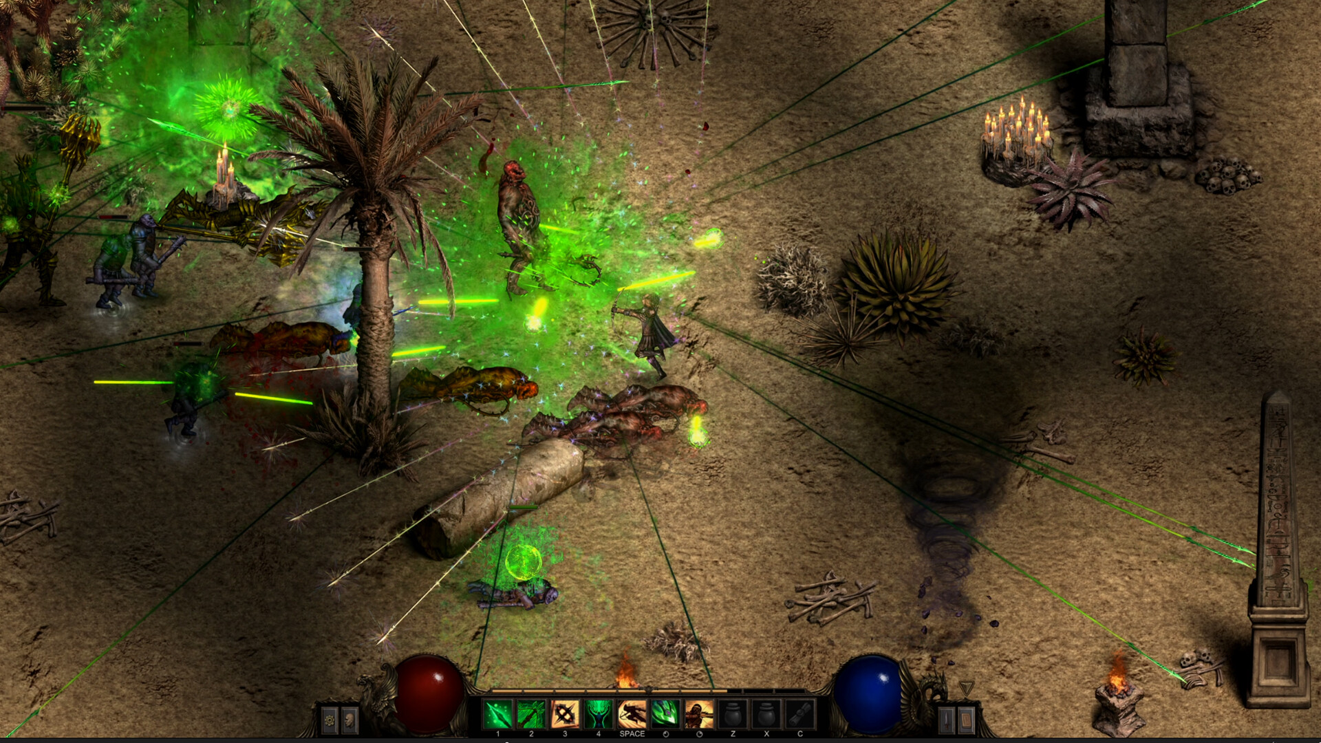 Sandy ruins where an archer fires green projectiles around a palm, a fallen column, and an inscribed obelisk.