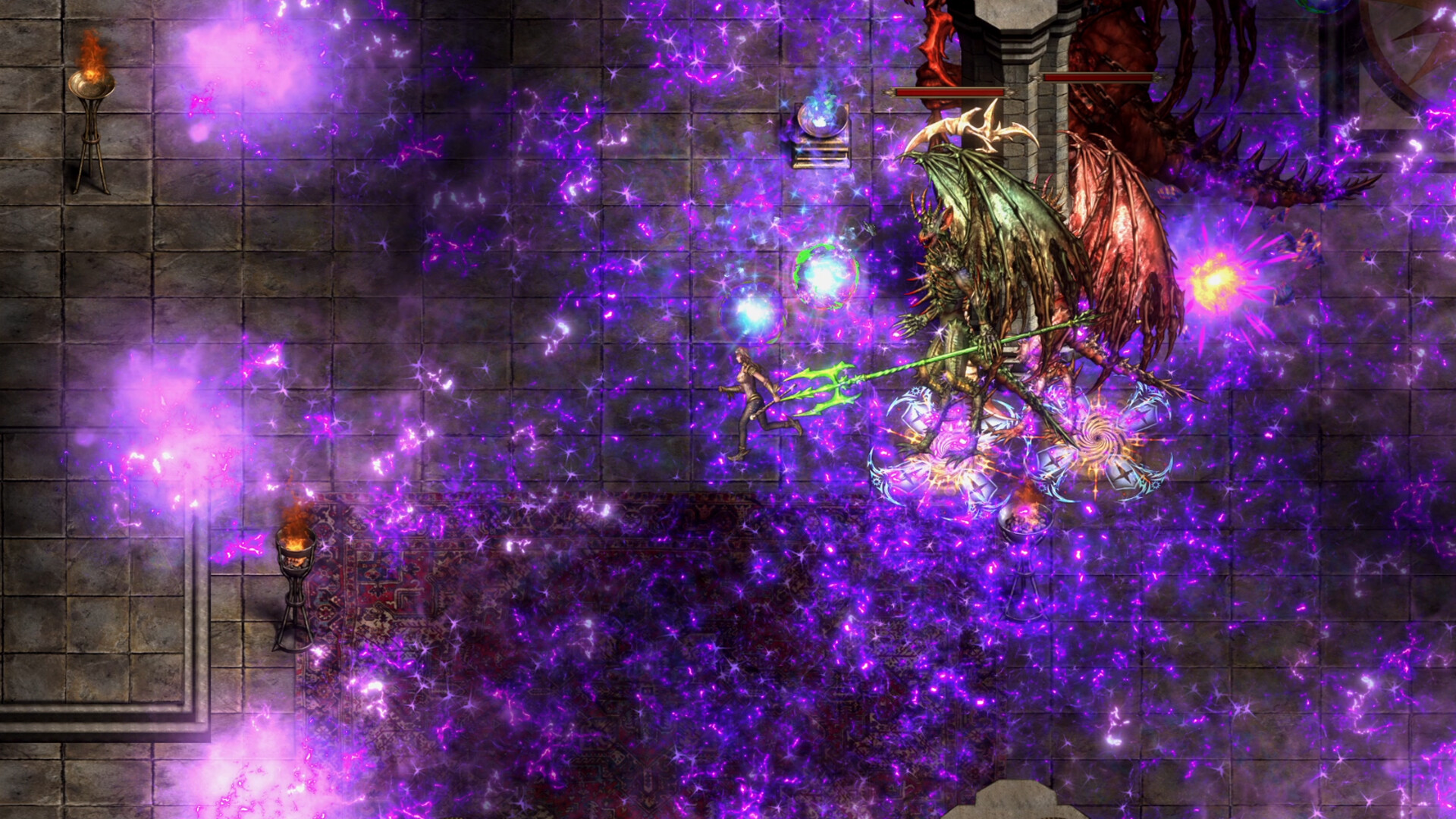 Tiled hall fight against a winged green-and-red boss amid purple lightning and a compass overlay.