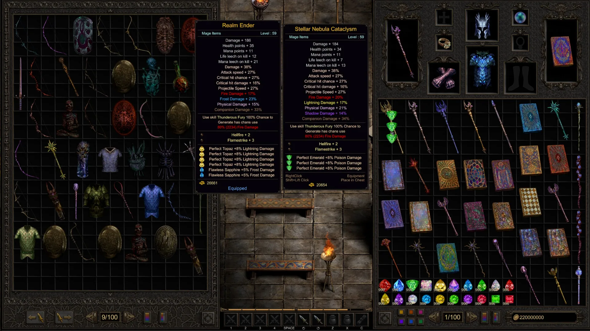 Split inventory and stash comparing Mage items Realm Ender and Stellar Nebula Cataclysm with affix and gem lists.