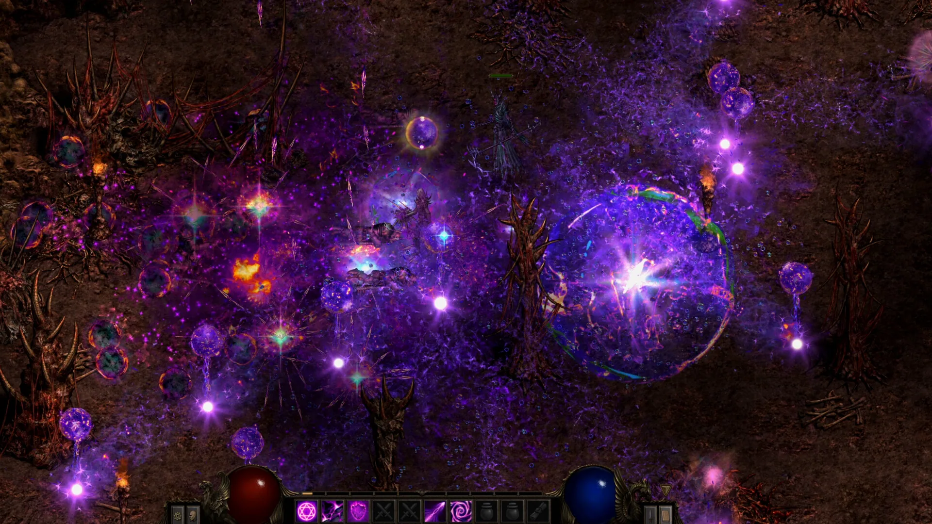 Hellish grove of spiked trees filled with purple orbs, explosions, and a large void sphere.