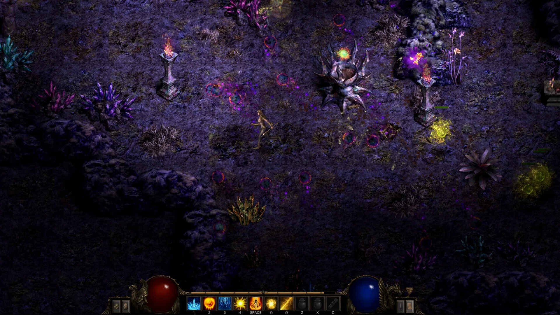 Purple crystal waste with a running hero, a spiked brazier, and scattered magic circles.