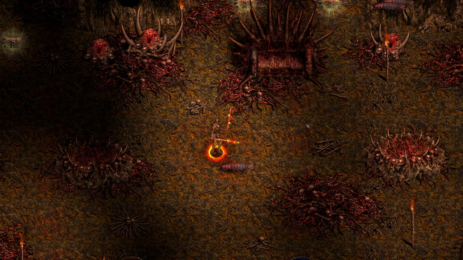 Blood-orange hell ground ringed by horned skull nests, with a hero standing in a fire circle.