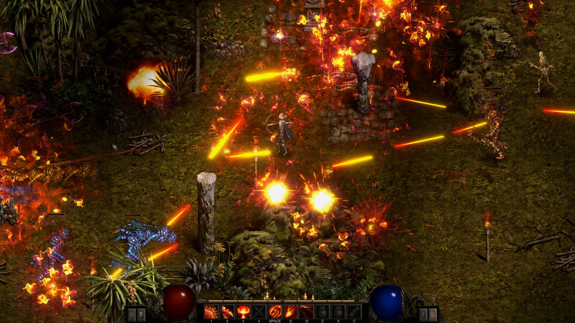 Jungle ruin fight with an archer amid fire trails, explosions, and a blue quadruped.