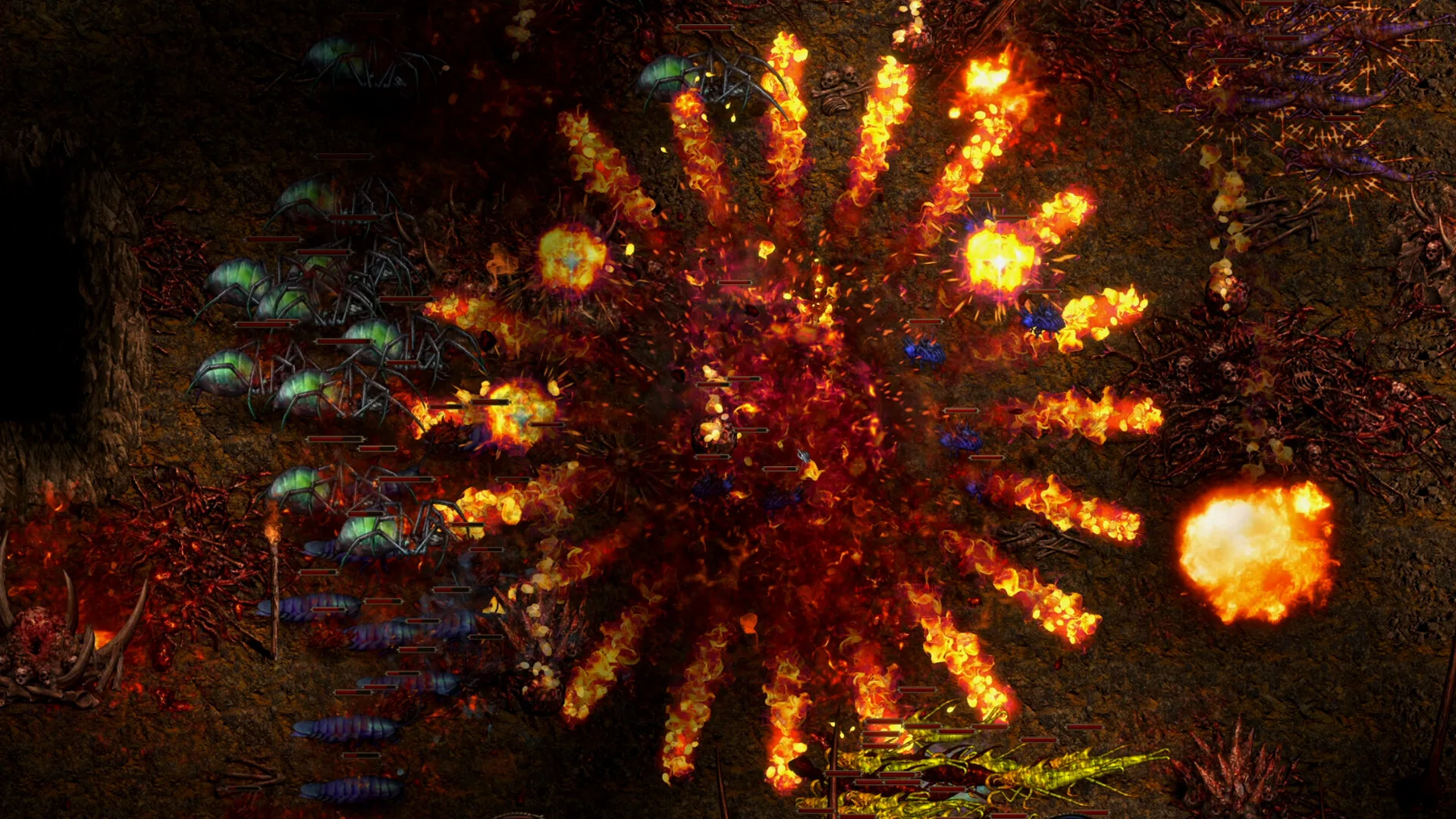 Insect cavern with a radial fireburst among green spiders and grub-like enemies.