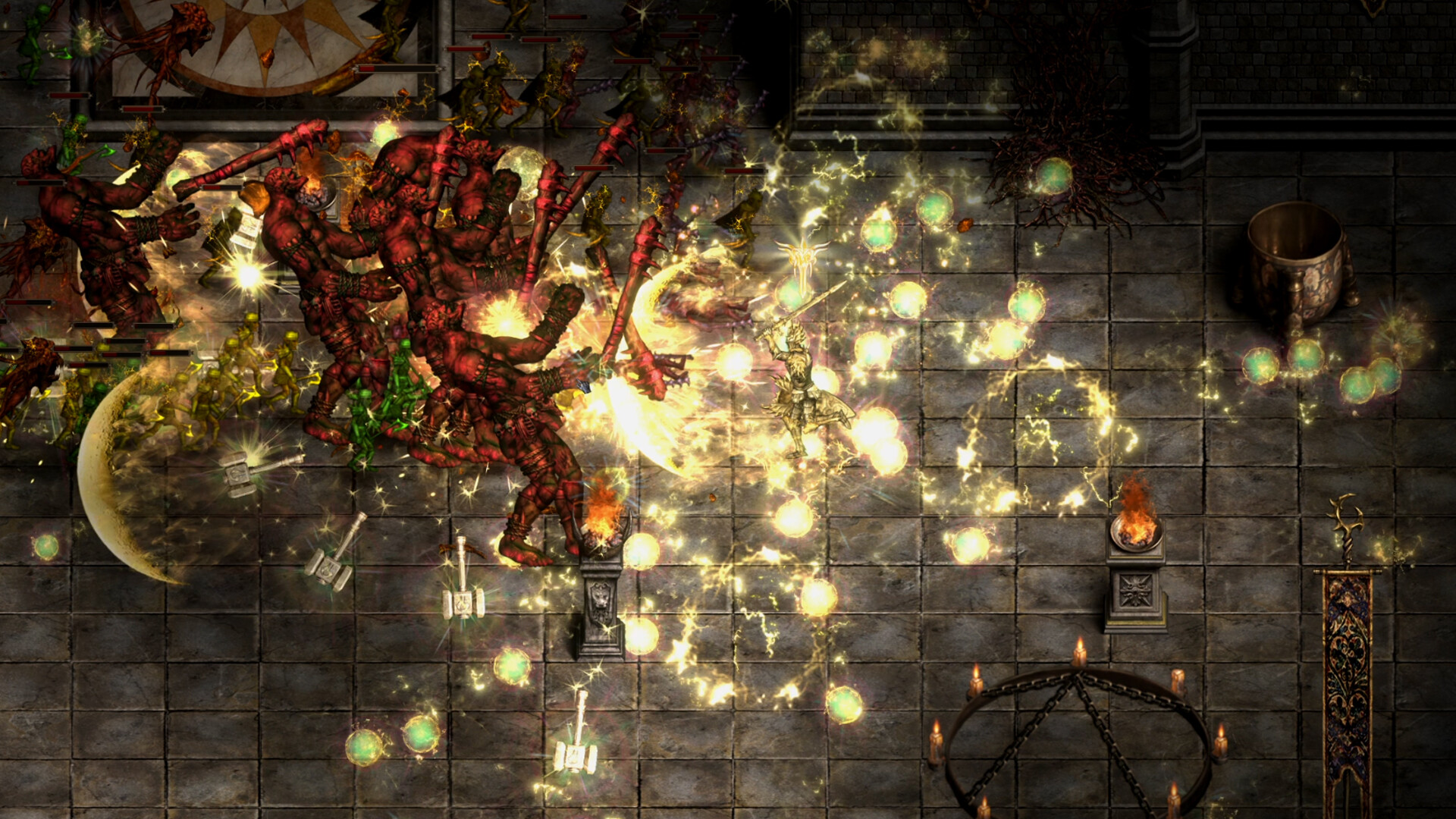 Temple fight against a multi-armed red giant surrounded by holy orbs and thrown hammers.