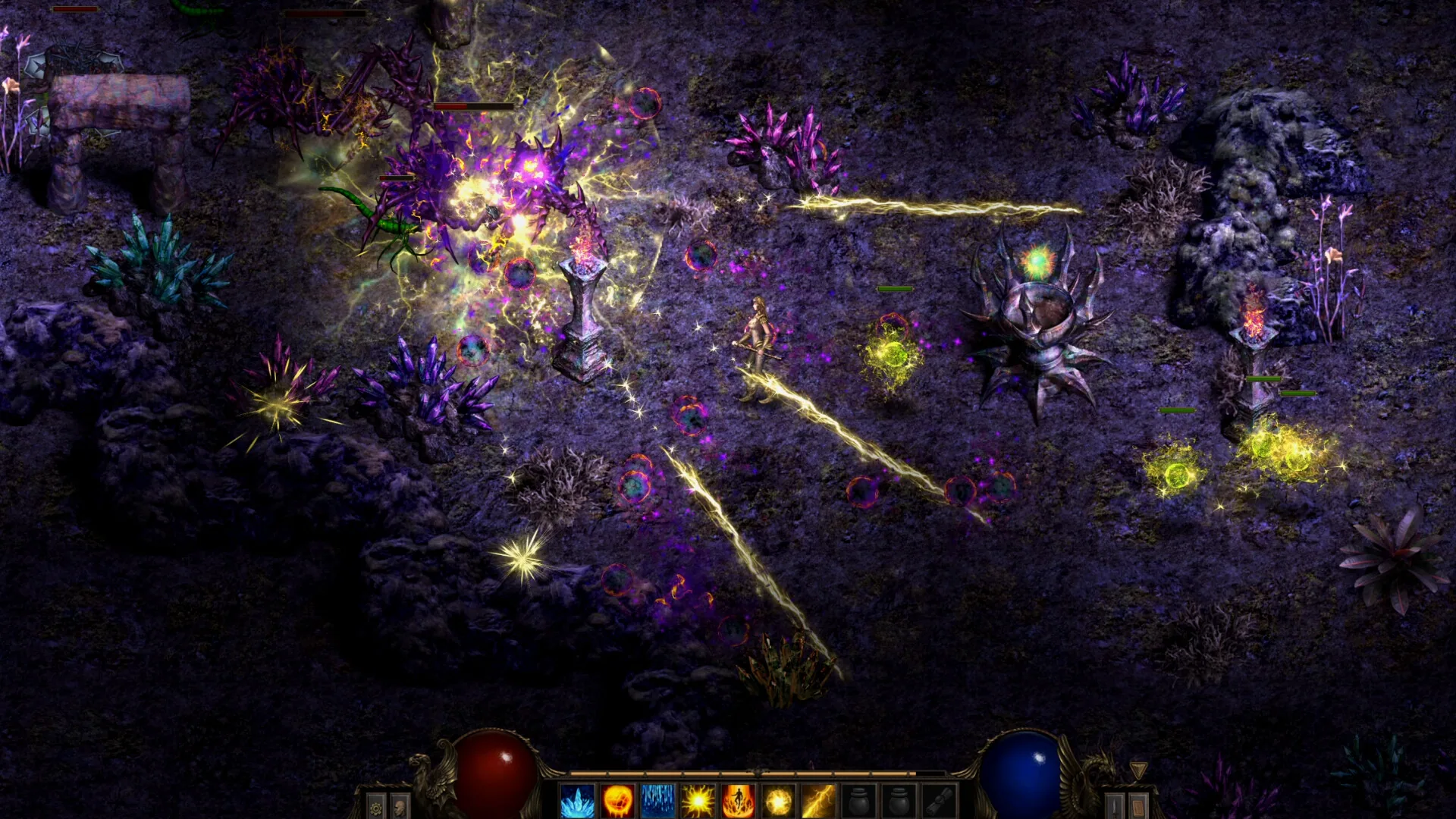 Purple crystal cavern with lightning bolts, a green lizard, and a spiked altar.