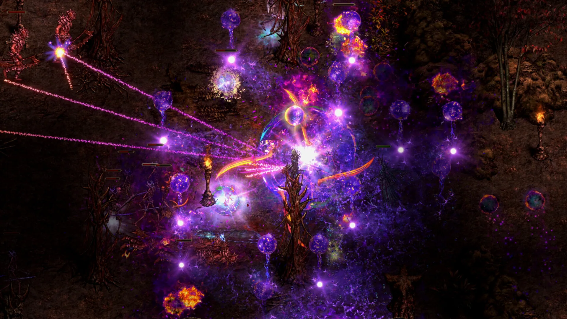 Dark forest combat filled with purple orbs, lasers, and crescent energy trails.