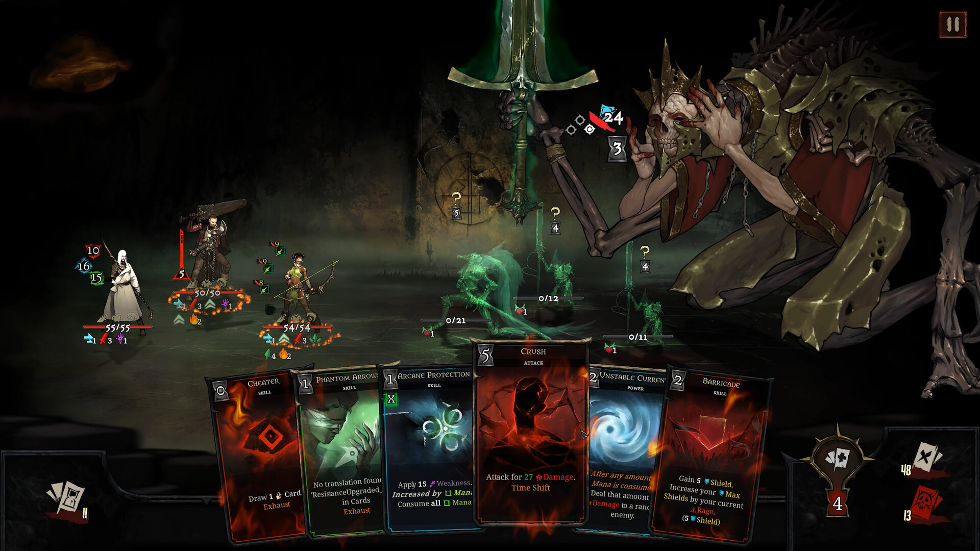 Official Shards of Order battle showing three heroes, enemy timing, and a mixed card hand