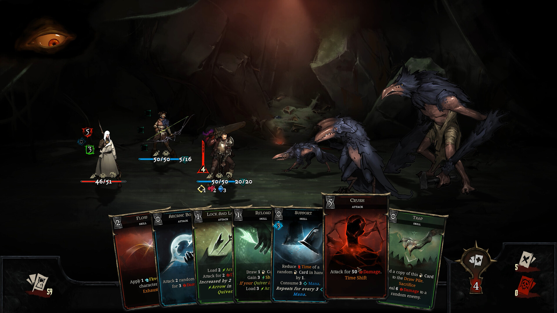 Official Shards of Order combat scene showing three heroes, a shared card hand, and enemy countdowns