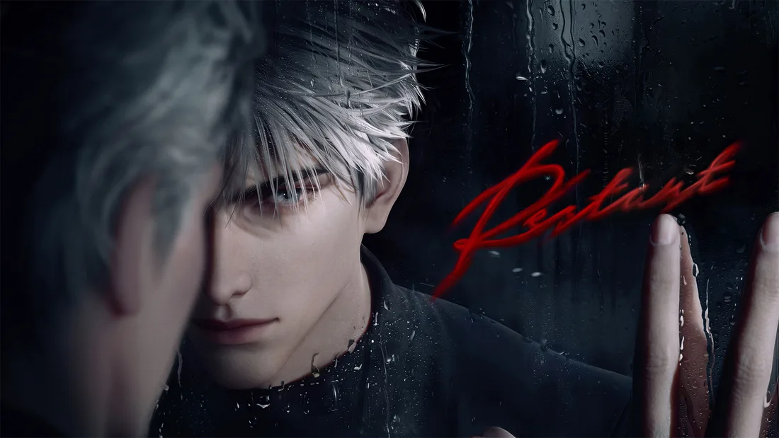 Official Silent Whispers key art titled "Restraint," a rain-streaked close-up portrait