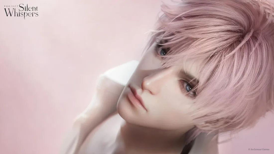 Official Silent Whispers key art of Valen, a pastel pink-haired lead