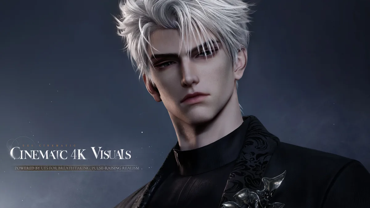 Official Silent Whispers key art of a silver-haired lead in a high-collared black coat