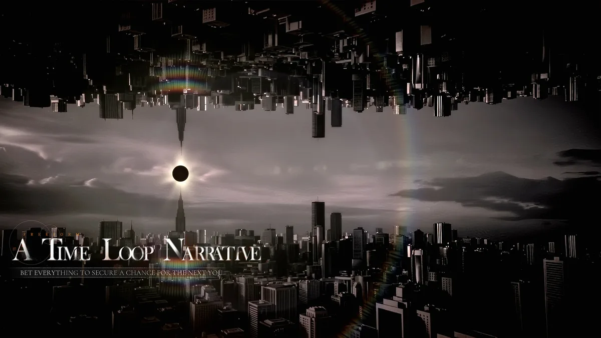 Official Silent Whispers key art of the City of Fading Light mirrored around a solar eclipse