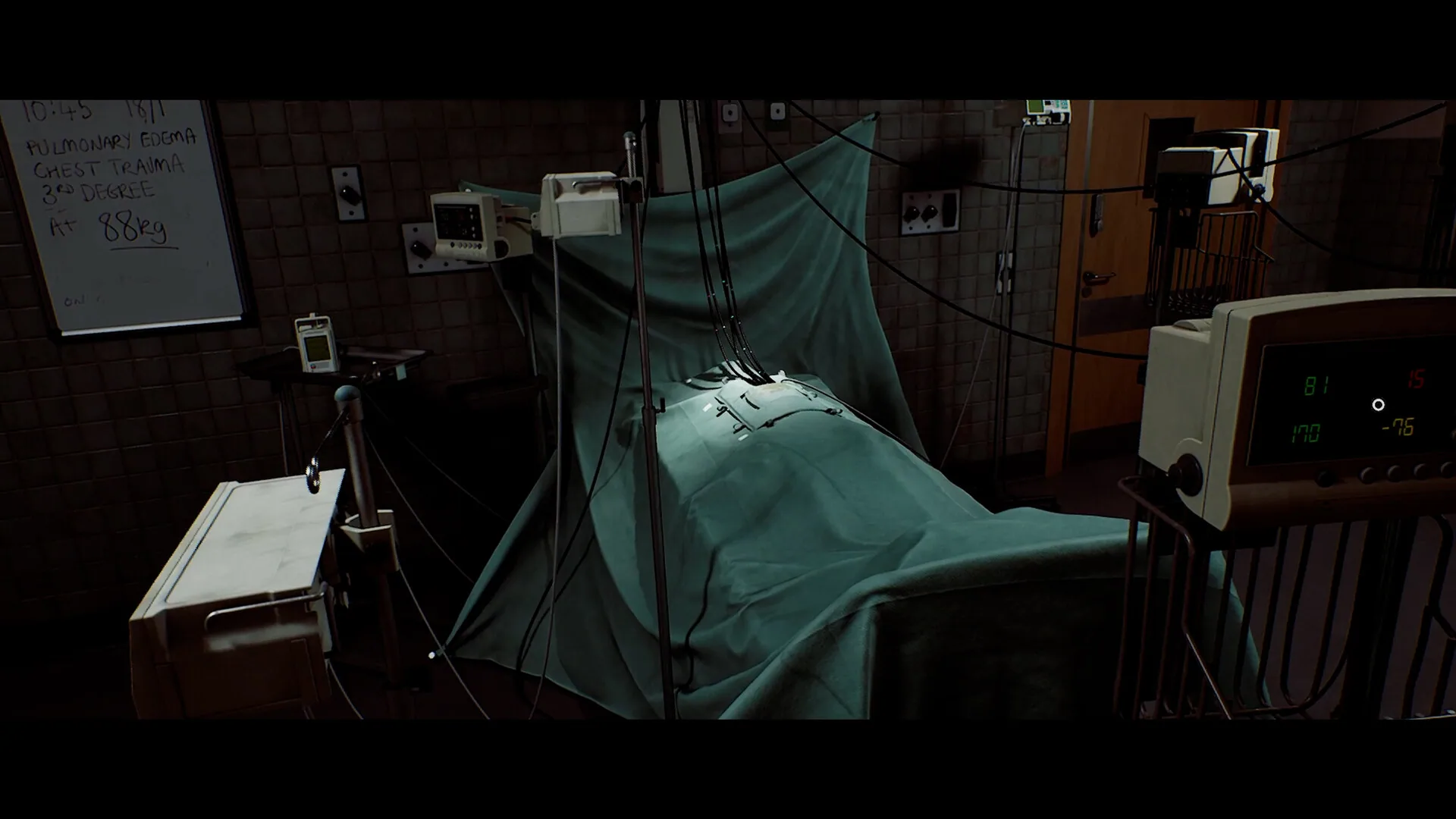 Hospital bed with green drapes, cables, and a monitor showing green numerals.