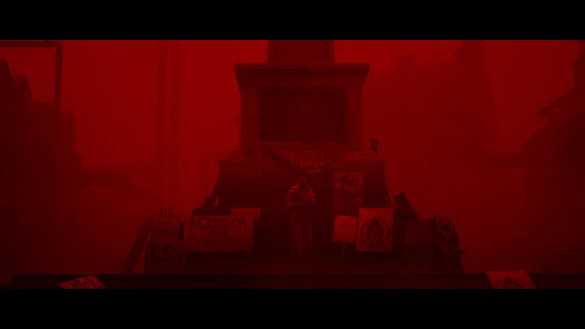 Simon stands at the Heart of St. Amelia monument in red Otherworld fog among protest signs.
