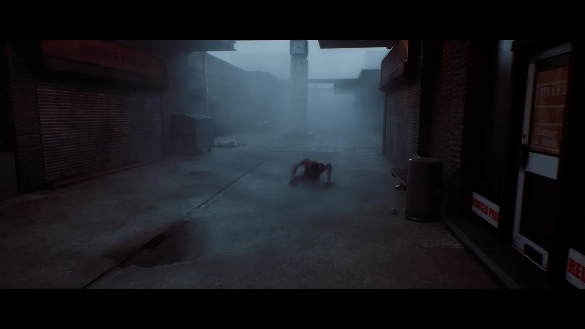 A fogged pedestrian street with a crawling figure near a clock tower and shuttered shops.