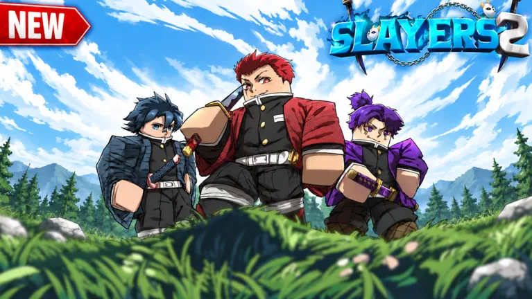 Three Roblox slayers walking a grassy ridge under the SLAYERS 2 logo