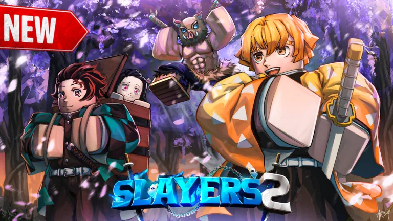 Three Roblox slayers in a cherry-blossom forest with the SLAYERS 2 logo