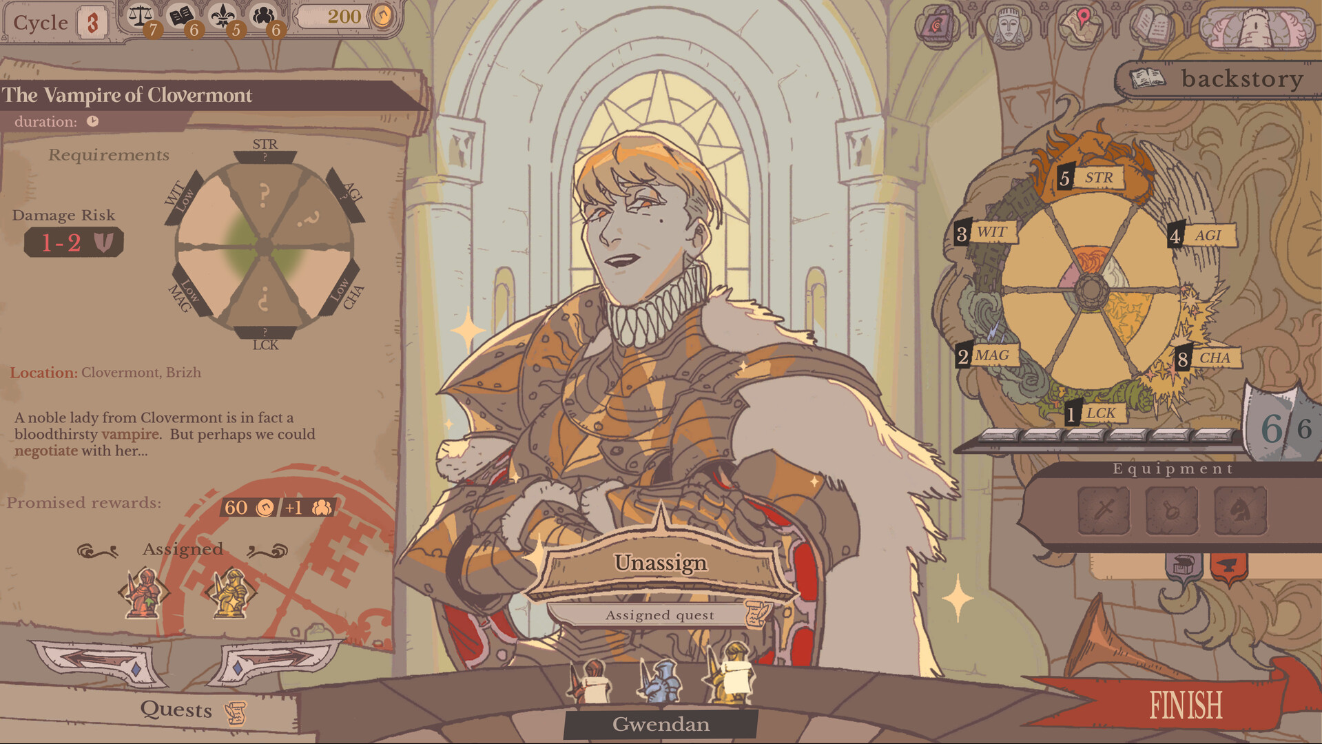 Round Table quest assignment screen showing Gwendan, quest requirements, and party slots.