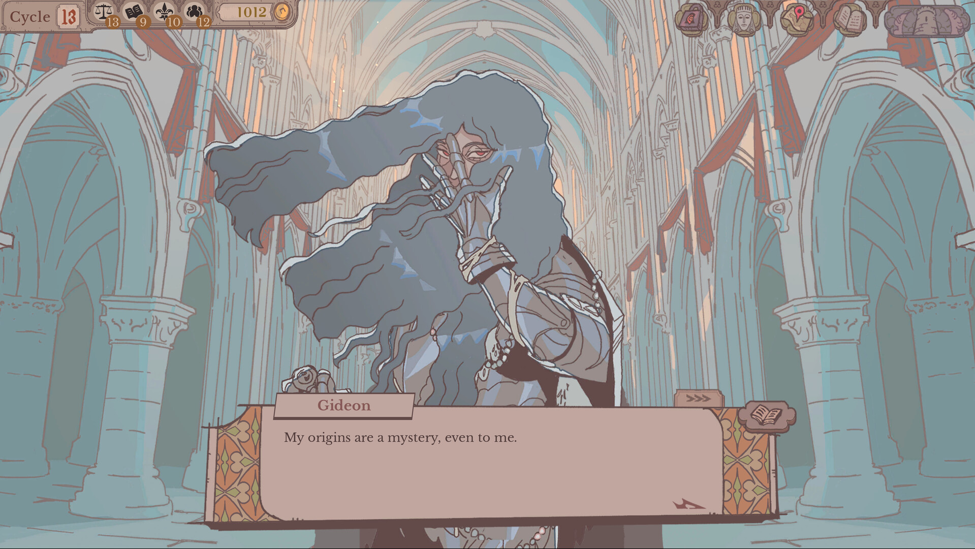 Gideon speaking in a vaulted hall during a dialogue scene.